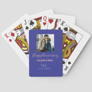 Modern boho happy anniversary add name blue orange playing cards