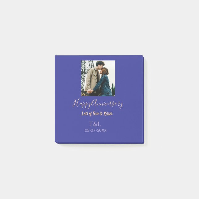 Modern boho happy anniversary add name blue orange post-it notes (Front)