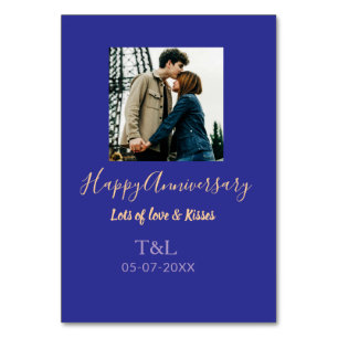 Modern boho happy anniversary add name blue orange table number