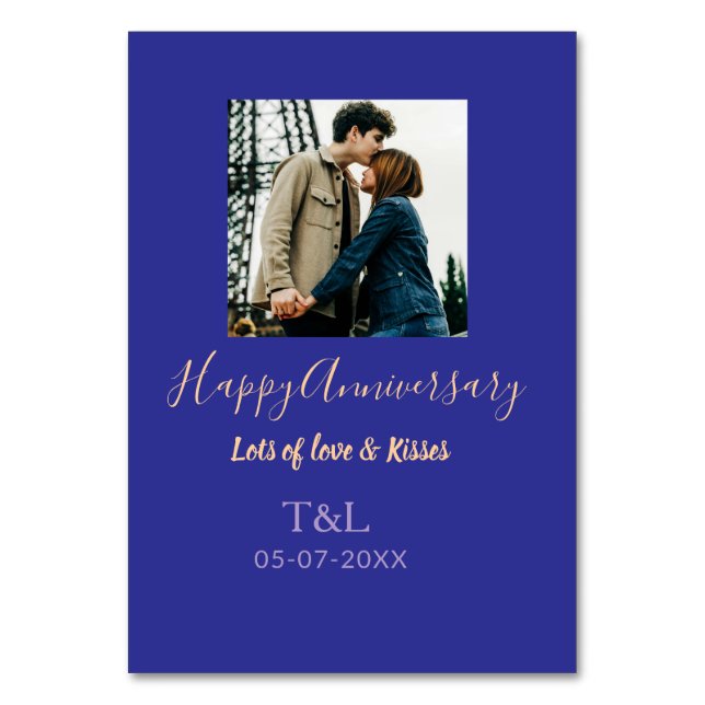 Modern boho happy anniversary add name blue orange table number (Front)