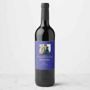 Modern boho happy anniversary add name blue orange wine label