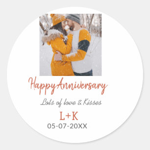 Modern boho happy anniversary add name date orange classic round sticker