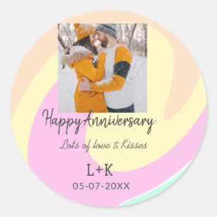 Modern boho happy anniversary add name date orange classic round sticker