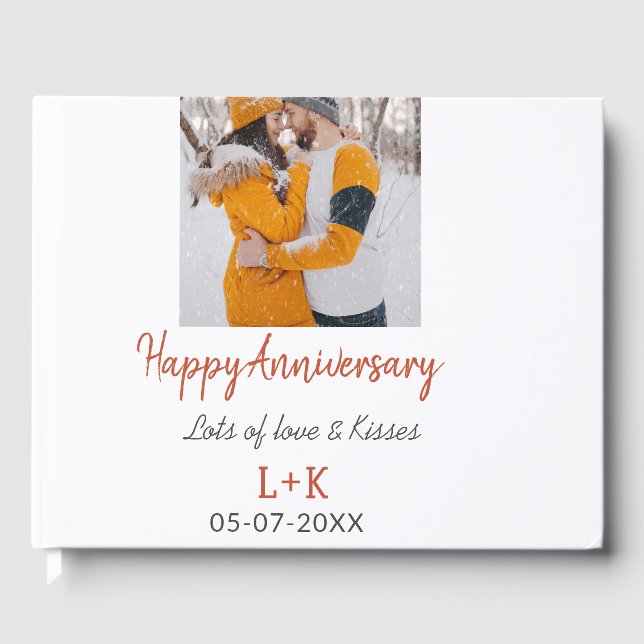 Modern boho happy anniversary add name date orange guest book (Front)