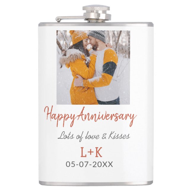 Modern boho happy anniversary add name date orange hip flask (Front)