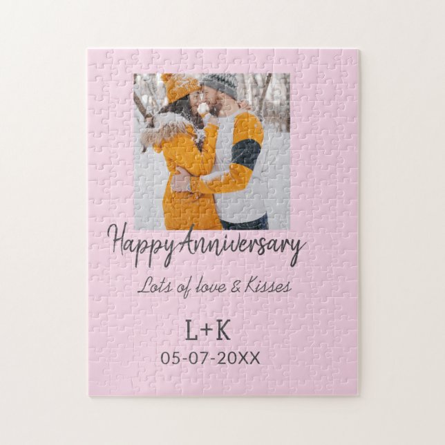 Modern boho happy anniversary add name date orange jigsaw puzzle (Vertical)