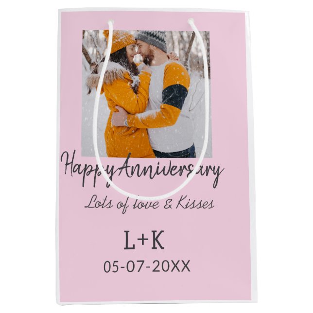 Modern boho happy anniversary add name date orange medium gift bag (Front)