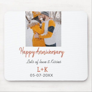 Modern boho happy anniversary add name date orange mouse mat