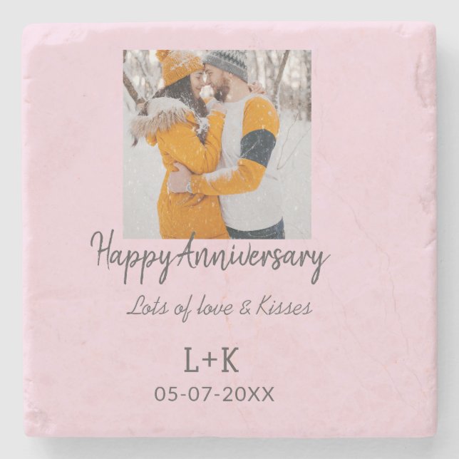 Modern boho happy anniversary add name date orange stone coaster (Front)