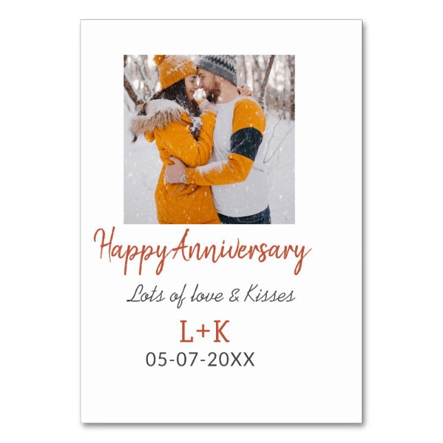 Modern boho happy anniversary add name date orange table number (Front)