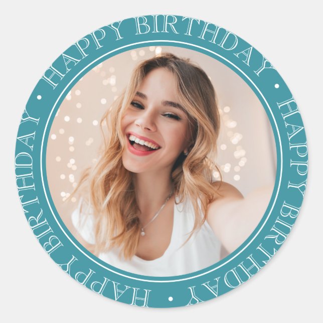 Modern Boho Happy Birthday Retro Teal Blue Photo  Classic Round Sticker (Front)