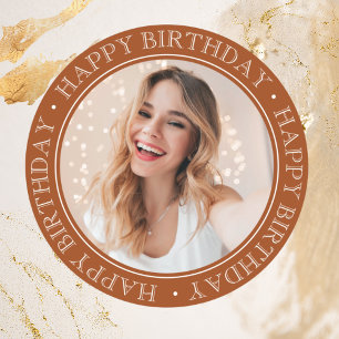 Modern Boho Happy Birthday Vintage Brown Photo  Classic Round Sticker