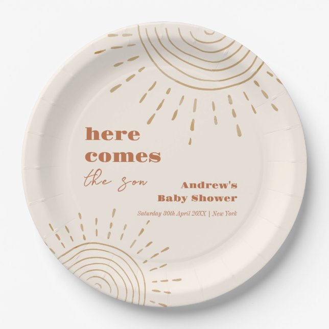 Modern Boho Here Comes The Son Baby Shower Paper Plate (Front)