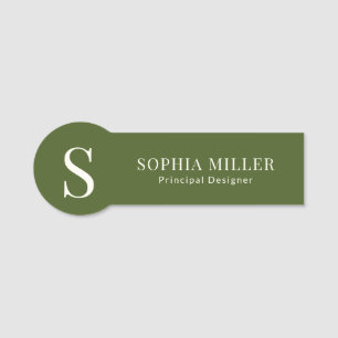 Modern Boho Interior Designer Monogram Olive Green Name Tag