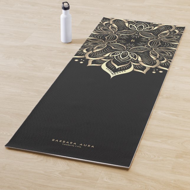 Modern Boho Lotus Black Gold Mandala Monogram Yoga Mat (In Situ)