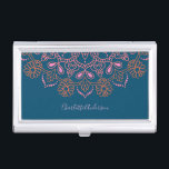 Modern Boho Mandala Medallion Teal Script Name  Business Card Holder<br><div class="desc">A modern spin on a classic mandala motif in pink and orange on a dark teal background,  personalised with your name.</div>