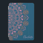 Modern Boho Mandala Medallion Teal Script Name  iPad Mini Cover<br><div class="desc">A modern spin on a classic mandala motif in pink and orange on a dark teal background,  personalised with your name.</div>