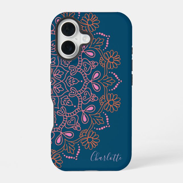 Modern Boho Mandala Medallion Teal Script Name iPhone 16 Case (Back)