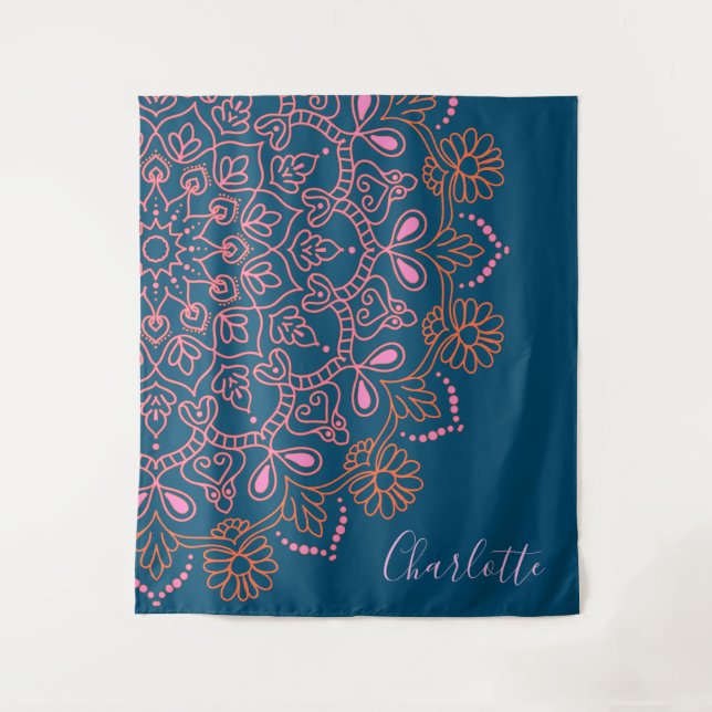 Modern Boho Mandala Medallion Teal Script Name  Tapestry (Front)