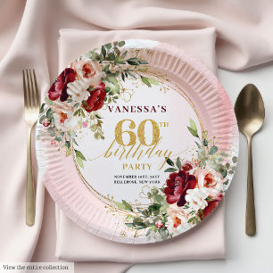 Modern Boho Maroon Blush Gold Floral Paper Plates