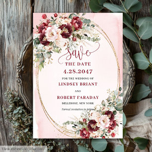 Modern Boho Merlot Blush Gold Floral Save Date Invitation