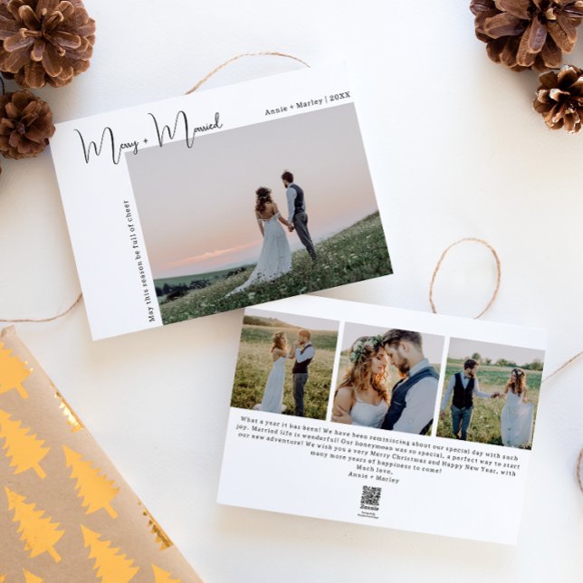 Modern Boho Merry and Married Four Photo Christmas Holiday Card (Creator Uploaded)