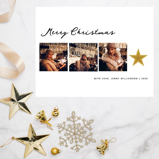 Modern Boho Merry Christmas 3 Photo Collage Holiday Postcard (Creator Uploaded)