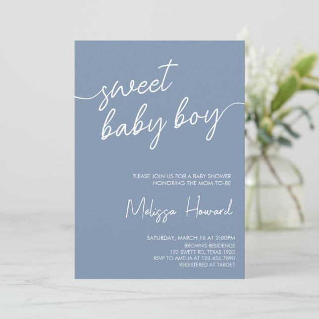 Modern Boho Minimalist Boy Blue Baby Shower Invitation (Standing Front)