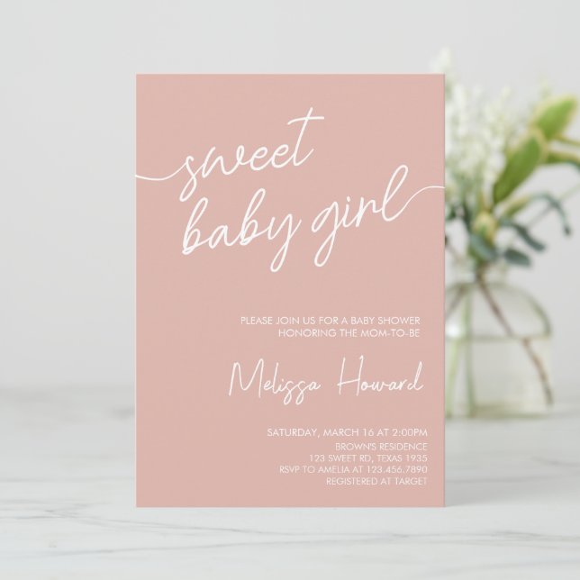 Modern Boho Minimalist Girl pink Baby Shower Invitation (Standing Front)