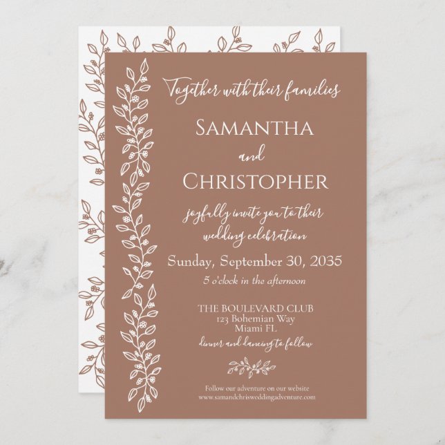 Modern Boho Mocha Mousse Botanical Minimal Wedding Invitation (Front/Back)