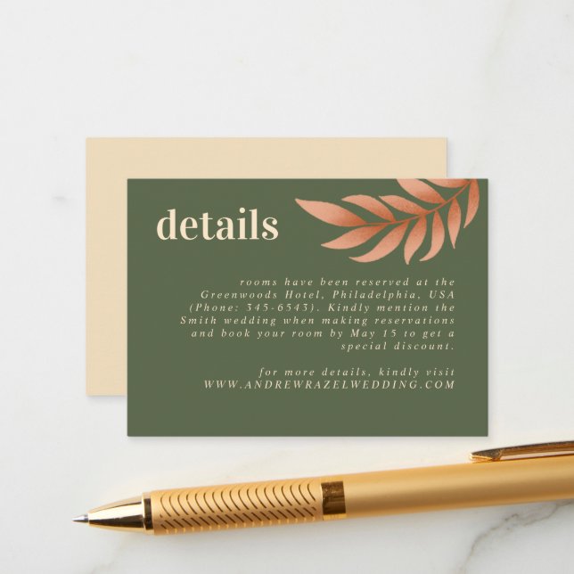 Modern Boho Moss Green and Leaf Wedding Detail Enclosure Card (Front/Back In Situ)