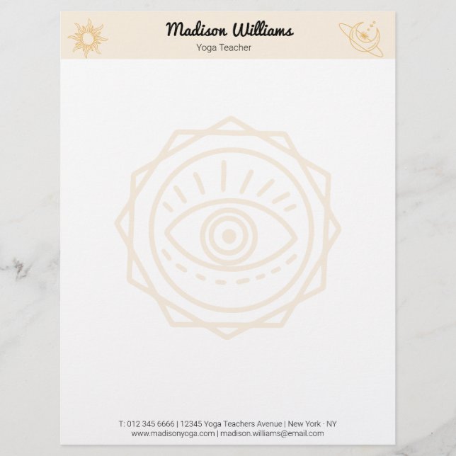 Modern Boho Mystical Yellow Sun and Moon Yoga Custom Letterhead (Front)