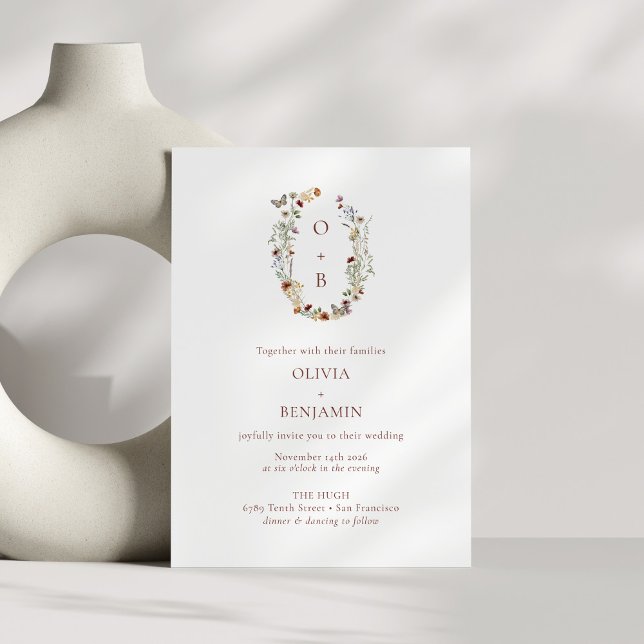 Modern Boho Nature Wildflowers Monogram Wedding  Invitation (Creator Uploaded)