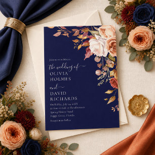 Modern Boho Navy Blue Burnt Orange Floral Wedding Invitation