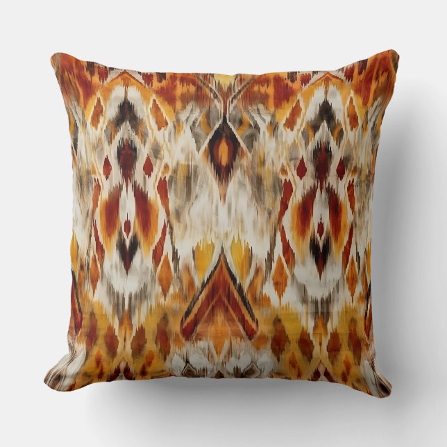 Modern Boho Neutrals Brown Orange Ikat Tribal Cushion (Front)