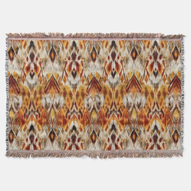 Modern Boho Neutrals Brown Orange Ikat Tribal Throw Blanket (Front)