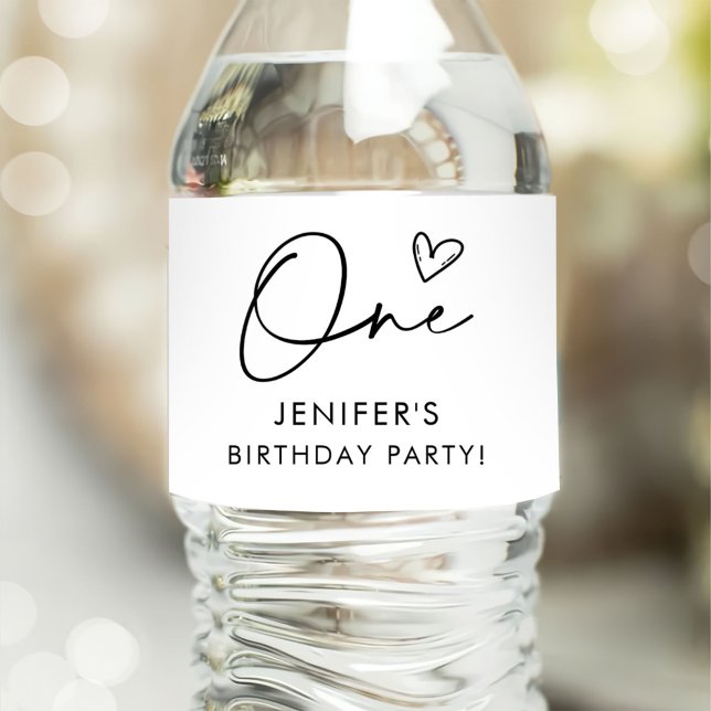 Modern Boho One Heart First Birthday Water Bottle Label (Creator Uploaded)