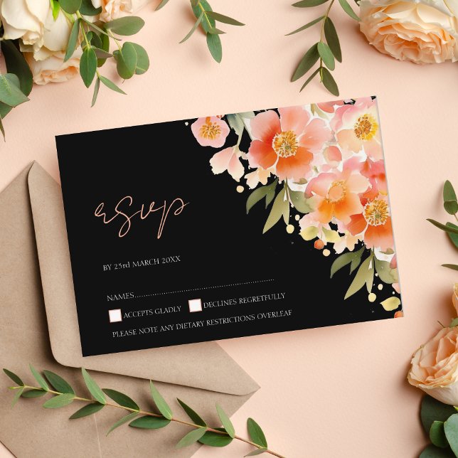 Modern Boho Orange Peach and Black Floral Wedding RSVP Card (Creator Uploaded)