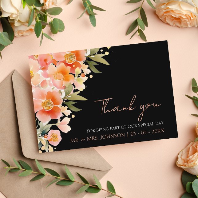 Modern Boho Orange Peach and Black Floral Wedding Thank You Card (Creator Uploaded)