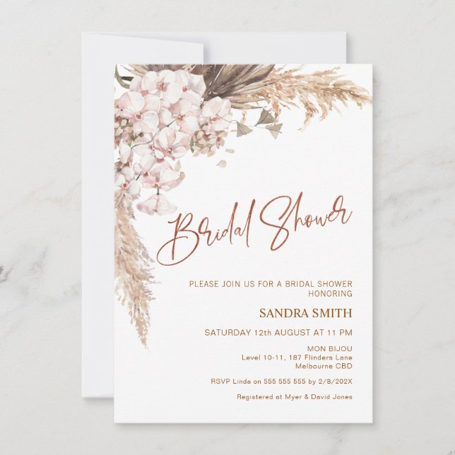 Modern Boho Orchard Pampas Grass Bridal Shower Invitation (Front)