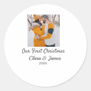 Modern boho our first Christmas photo couple name Classic Round Sticker
