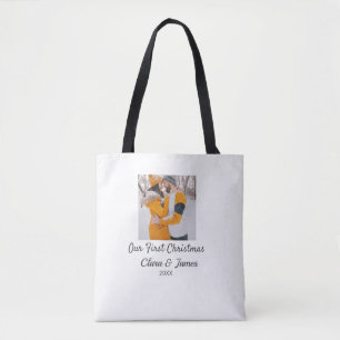 Modern boho our first Christmas photo couple name  Tote Bag