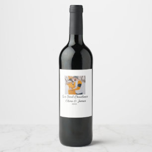 Modern boho our first Christmas photo couple name Wine Label