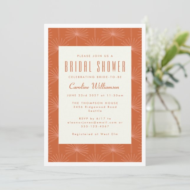 Modern Boho Palm Leaf Rust Botanical Bridal Shower Invitation (Standing Front)