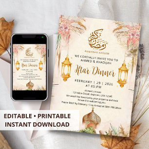 Modern Boho Pampas and Gold Lantern Iftar Dinner Invitation