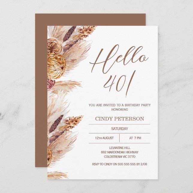 Modern Boho Pampas Grass Birthday Invitation (Front/Back)