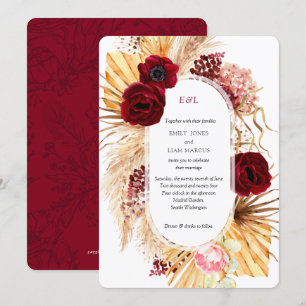 Modern Boho Pampas Grass Burgundy Floral Wedding Invitation