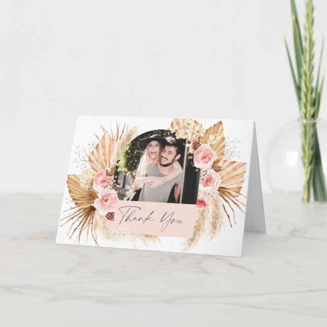 Modern Boho Pampas Grass Floral Arch Photo wedding Thank You Card (Front)