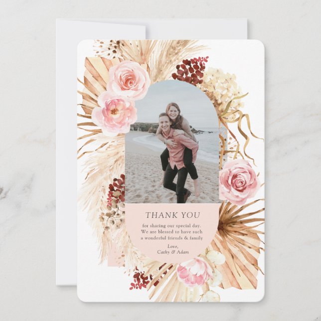 Modern Boho Pampas Grass Floral Arch Photo Wedding Thank You Card (Front)