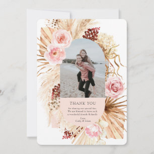 Modern Boho Pampas Grass Floral Arch Photo Wedding Thank You Card